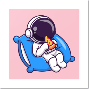 Cute Astronaut Eating Pizza On Pillow Cartoon Posters and Art